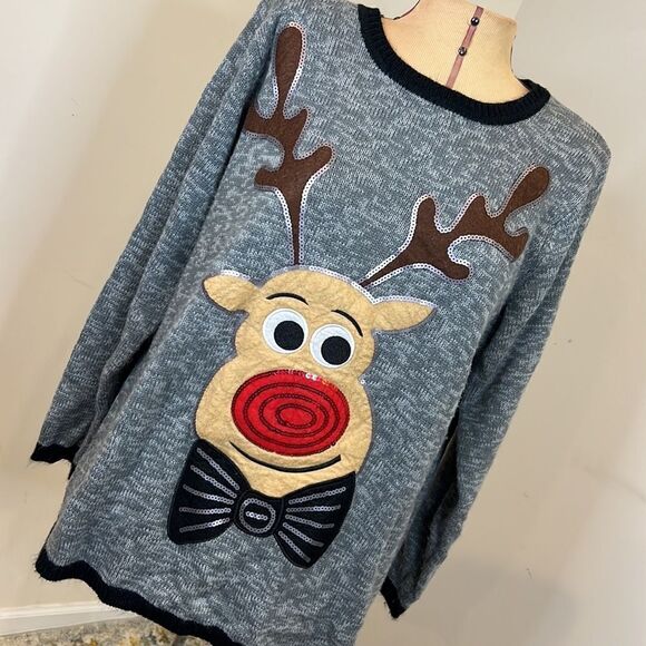 Holiday Time Sequin Red Nose Reindeer Sweater - Size 1X - Picture 3 of 10